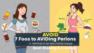 Woman avoiding period-bloating foods vs. happy woman with healthy period diet swaps - guide to reduce menstrual cramps.